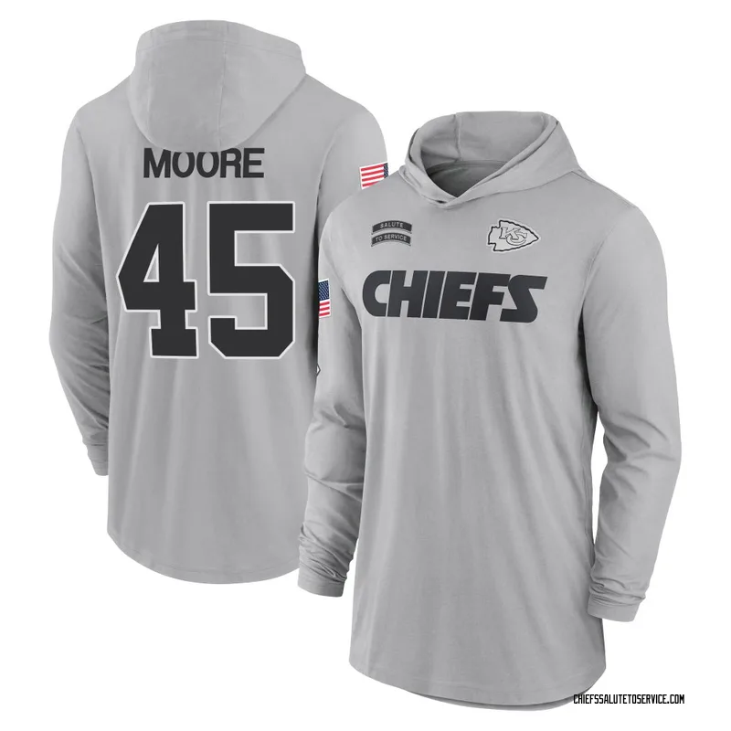 Men's Isaiah Moore Kansas City Chiefs Gray 2024 Salute to Service Lightweight Performance Long Sleeve Hooded T-Shirt
