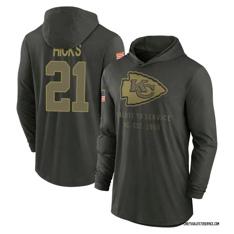 Men's Jaden Hicks Kansas City Chiefs Green Forest/ 2025 Salute to Service Sideline Lightweight Hooded Pullover Long Sleeve T-Shi