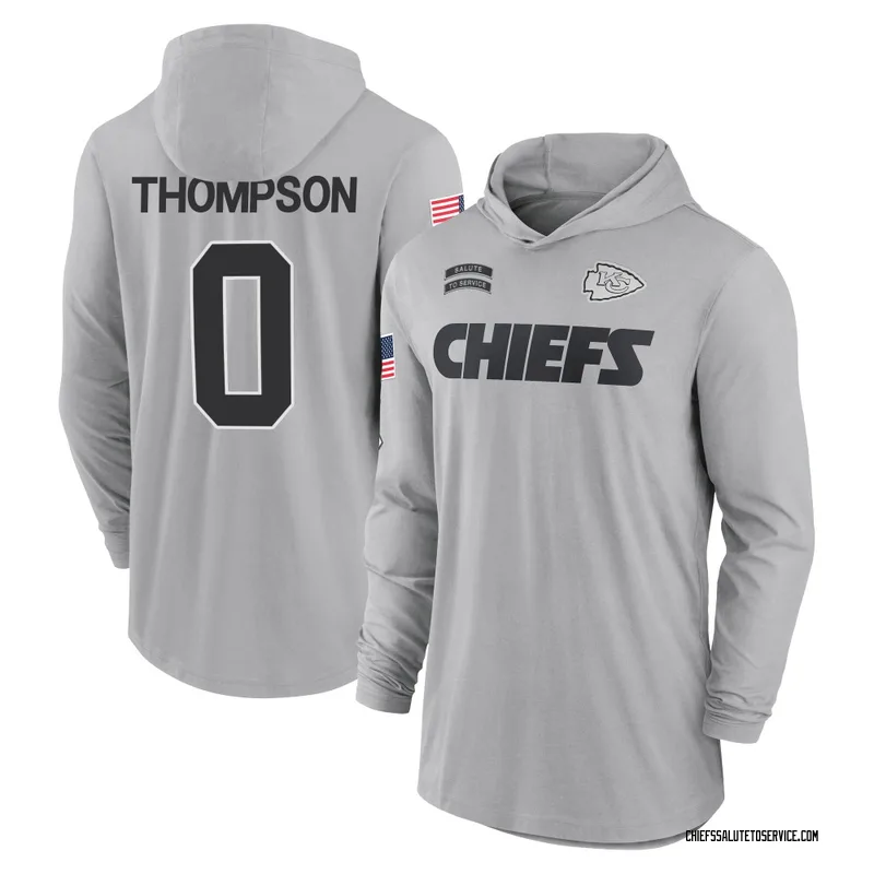 Men's Josh Thompson Kansas City Chiefs Gray 2024 Salute to Service Lightweight Performance Long Sleeve Hooded T-Shirt