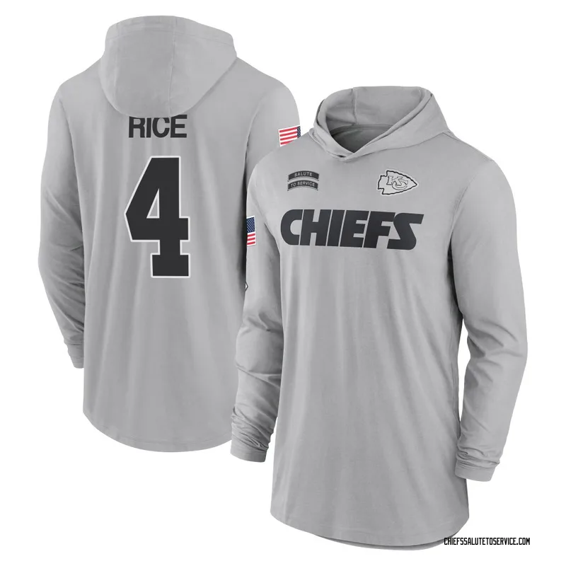 Men's Rashee Rice Kansas City Chiefs Gray 2024 Salute to Service Lightweight Performance Long Sleeve Hooded T-Shirt