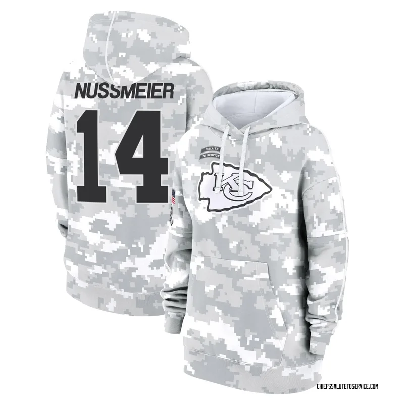 Women's Garrett Nussmeier Kansas City Chiefs Camo Arctic 2024 Salute to Service Club Fleece Pullover Hoodie