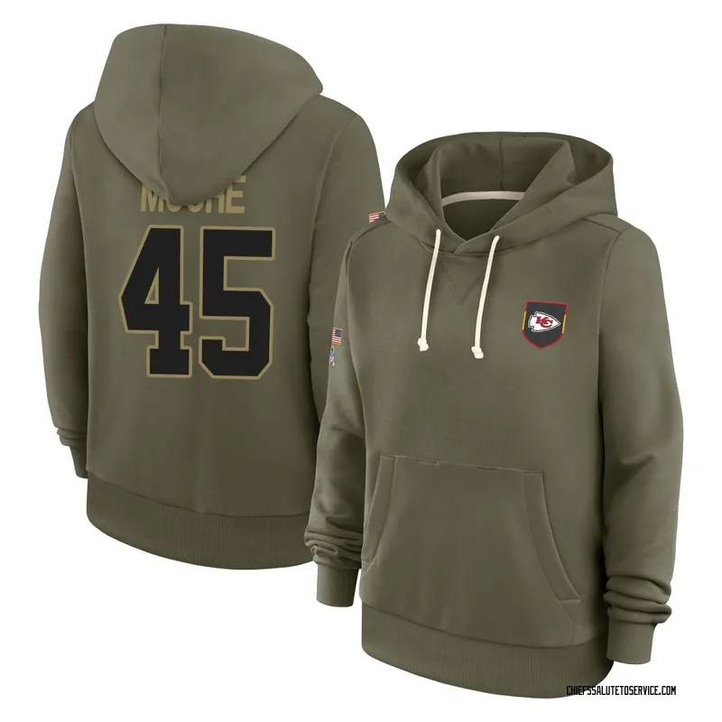 Women's Isaiah Moore Kansas City Chiefs Olive 2025 Salute to Service Hoodie