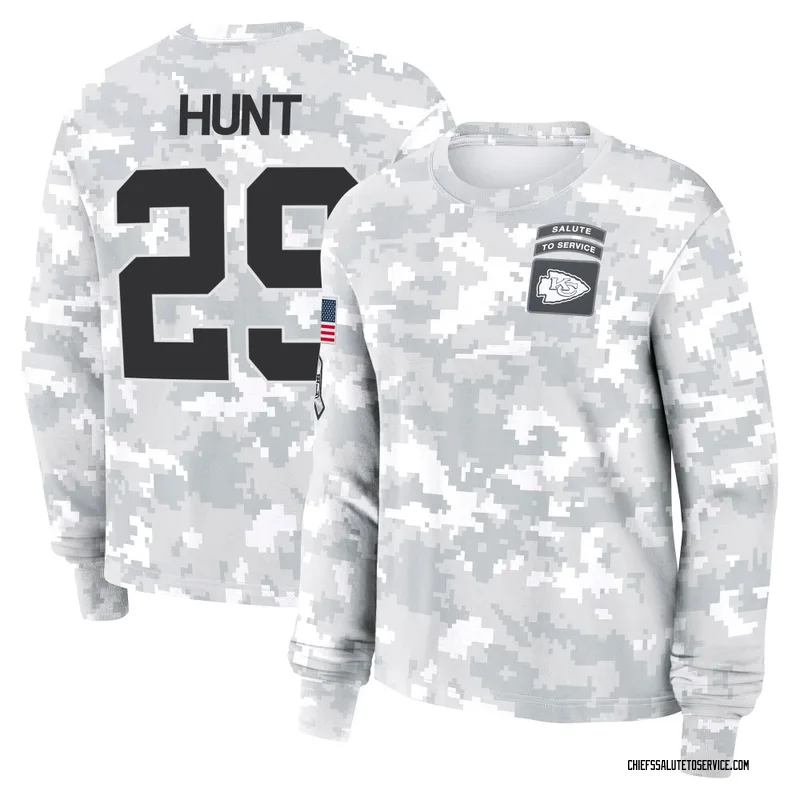 Women's Kareem Hunt Kansas City Chiefs Camo Arctic 2024 Salute to Service Long Sleeve T-Shirt
