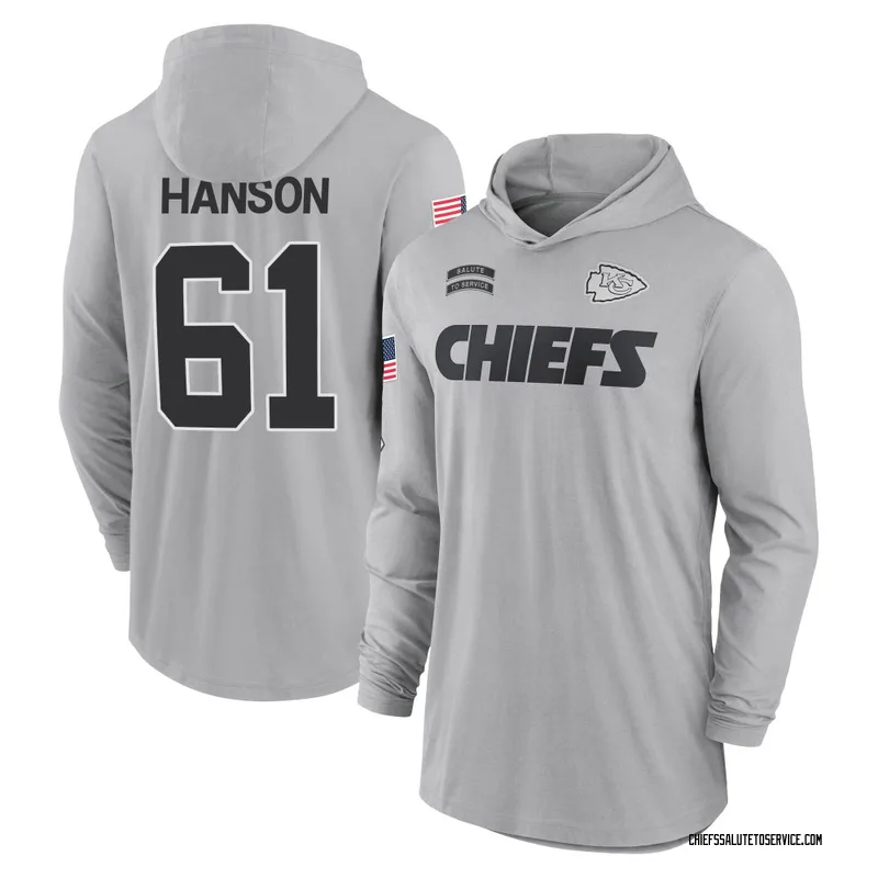 Youth C.J. Hanson Kansas City Chiefs Gray 2024 Salute to Service Lightweight Performance Long Sleeve Hooded T-Shirt