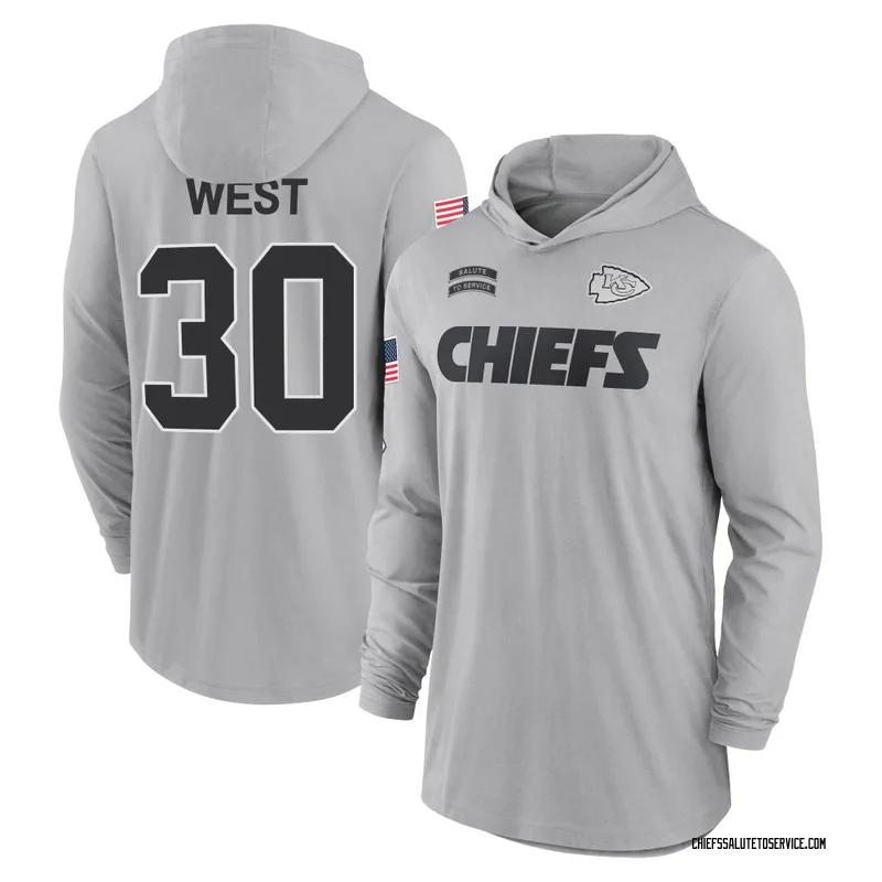 Youth Charcandrick West Kansas City Chiefs Gray 2024 Salute to Service Lightweight Performance Long Sleeve Hooded T-Shirt