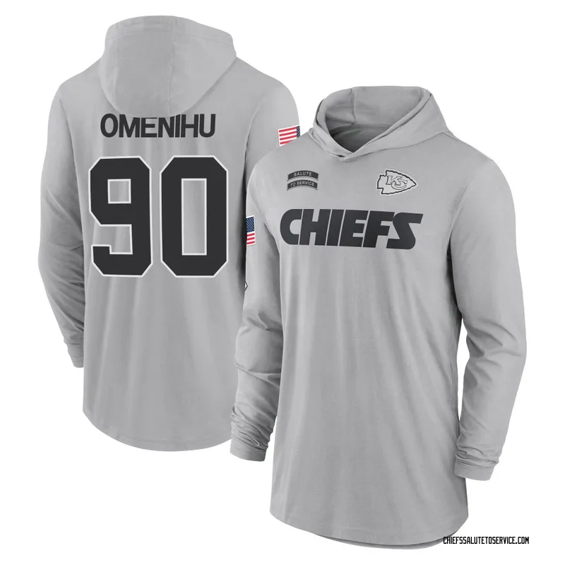 Youth Charles Omenihu Kansas City Chiefs Gray 2024 Salute to Service Lightweight Performance Long Sleeve Hooded T-Shirt