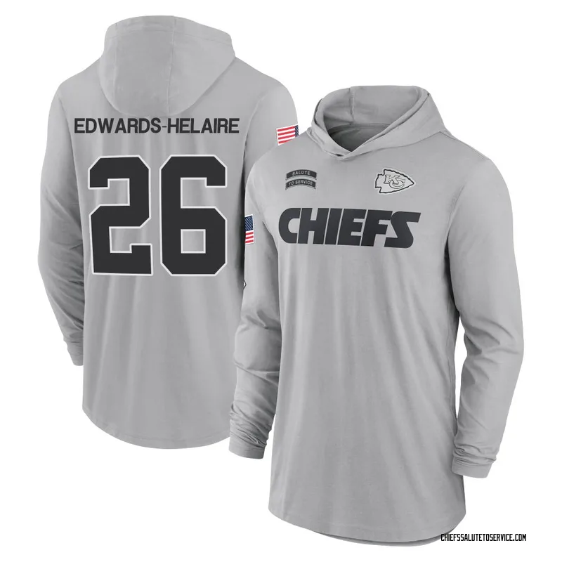 Youth Clyde Edwards-Helaire Kansas City Chiefs Gray 2024 Salute to Service Lightweight Performance Long Sleeve Hooded T-Shirt