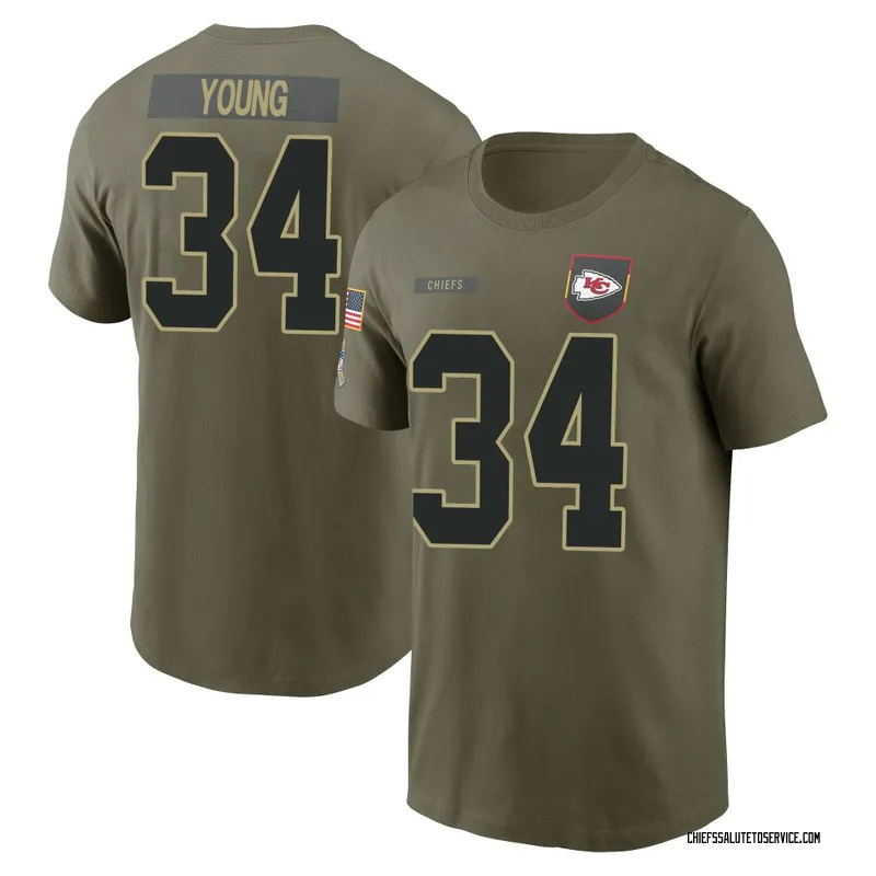 Youth Elijah Young Kansas City Chiefs Olive 2025 Salute to Service Name & Number T-Shirt