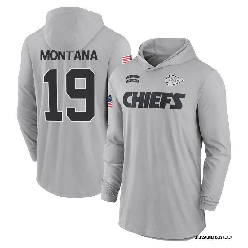 Youth Joe Montana Kansas City Chiefs Gray 2024 Salute to Service Lightweight Performance Long Sleeve Hooded T-Shirt