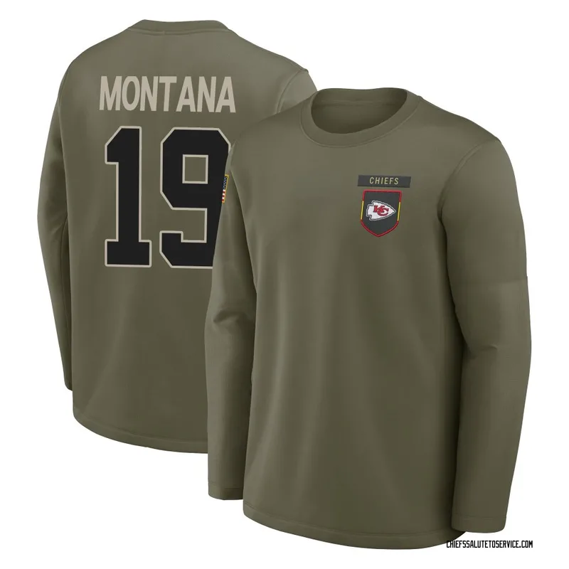 Youth Joe Montana Kansas City Chiefs Olive 2025 Salute to Service Sideline Coaches Long Sleeve T-Shirt