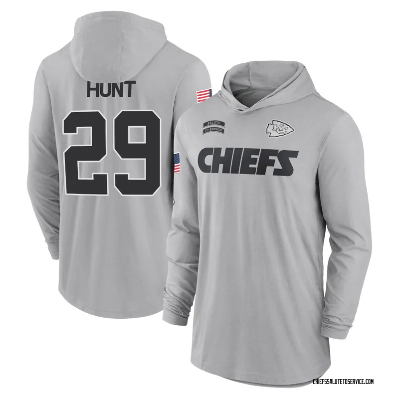 Youth Kareem Hunt Kansas City Chiefs Gray 2024 Salute to Service Lightweight Performance Long Sleeve Hooded T-Shirt