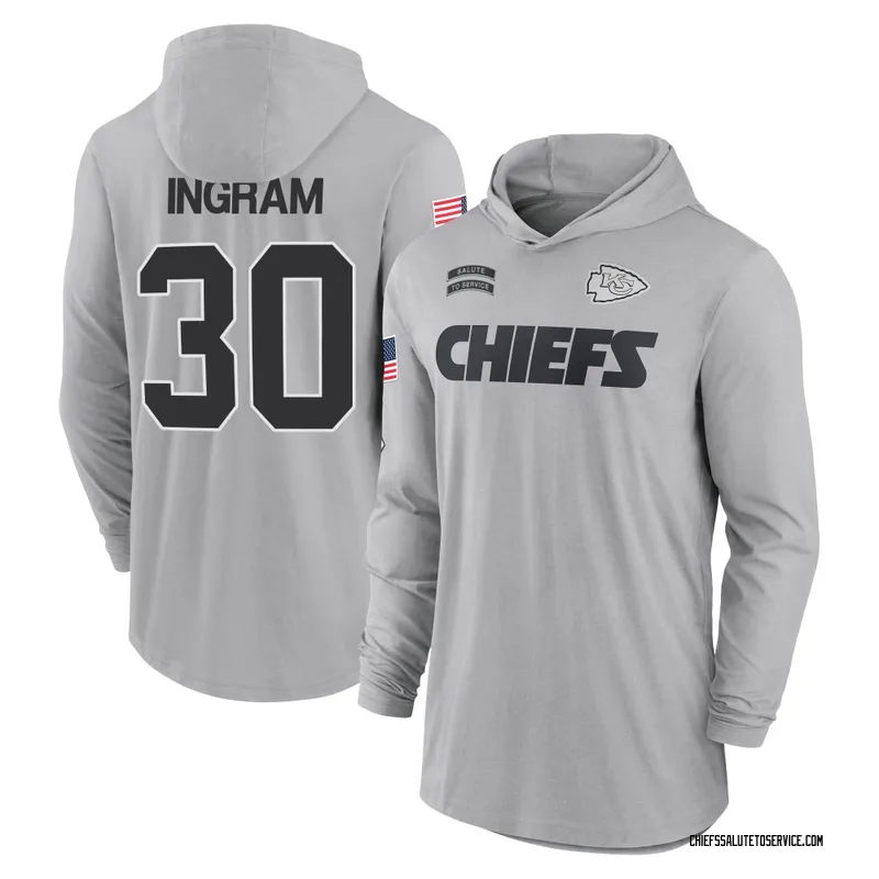 Youth Keaontay Ingram Kansas City Chiefs Gray 2024 Salute to Service Lightweight Performance Long Sleeve Hooded T-Shirt