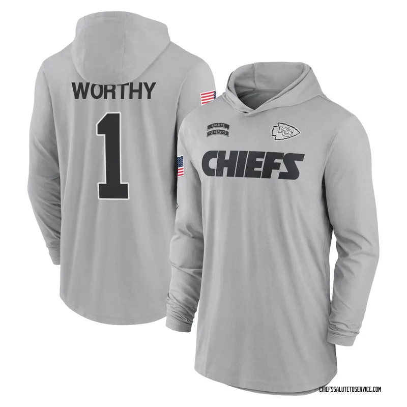 Youth Xavier Worthy Kansas City Chiefs Gray 2024 Salute to Service Lightweight Performance Long Sleeve Hooded T-Shirt